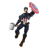 Action figure of a superhero holding a shield and hammer on a white background
