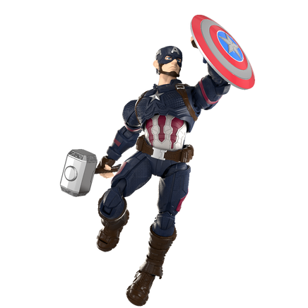 Action figure of a superhero holding a shield and hammer on a white background