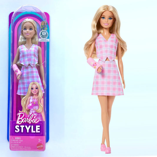 Barbie Fashionistas Doll #243 With Pink Arm Cast And Plaid Top And Skirt, Blonde