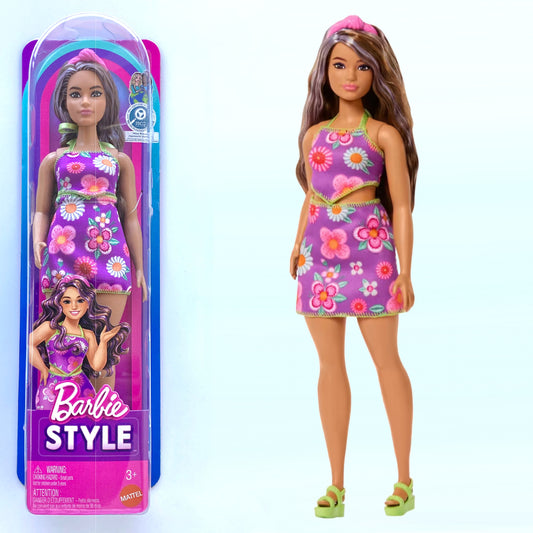 Barbie Fashionistas Doll #244 With Floral Halter Dress, Purple-Streaked Brown Hair