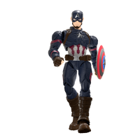 Action figure of a superhero in a blue and red costume with a shield on a white background