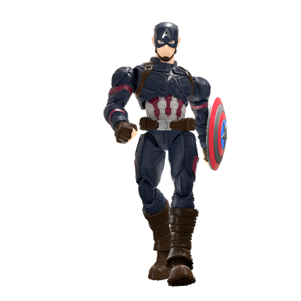 Action figure of a superhero in a blue and red costume with a shield on a white background
