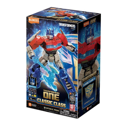 Transformers toy figure packaging with Optimus Prime on a white background