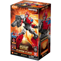 Transformers toy figure packaging with red and gray robot design on a white background