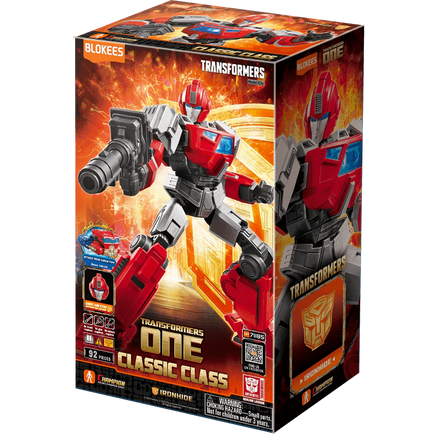 Transformers toy figure packaging with red and gray robot design on a white background