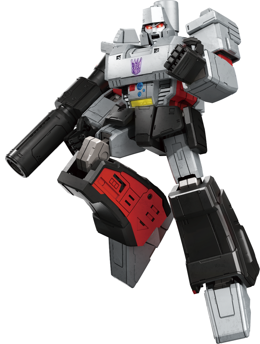 Toy robot figure with gray, black, and red color scheme on a white background