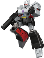Toy robot figure with gray, black, and red color scheme on a white background