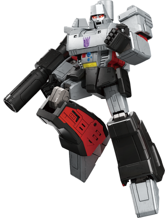 Toy robot figure with gray, black, and red color scheme on a white background