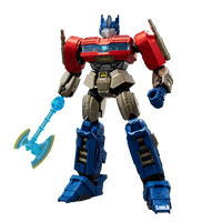 Transformers robot toy with blue axe on a white background