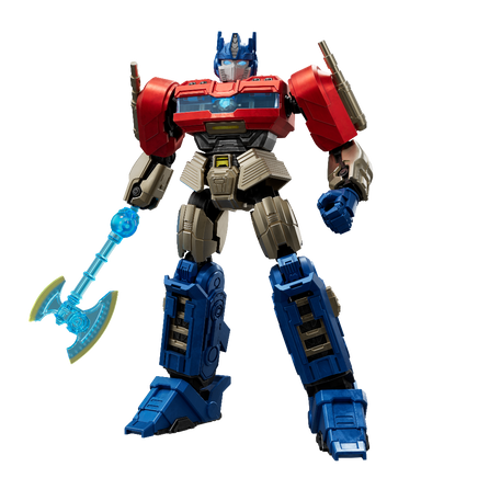 Transformers robot toy with blue axe on a white background
