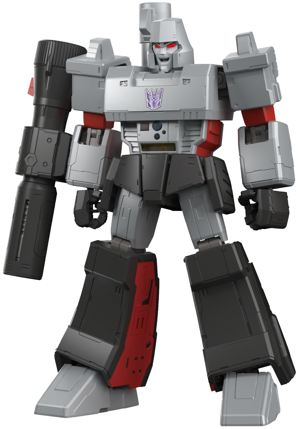 Transformers robot figure with gray, black, and red color scheme on a white background