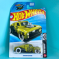 A Hot Wheels Rod Squad Eirkenstein Rod toy car in its original blister card packaging, displayed against a bright turquoise background. The toy is a lime green and black customized hot rod truck with a chrome engine.