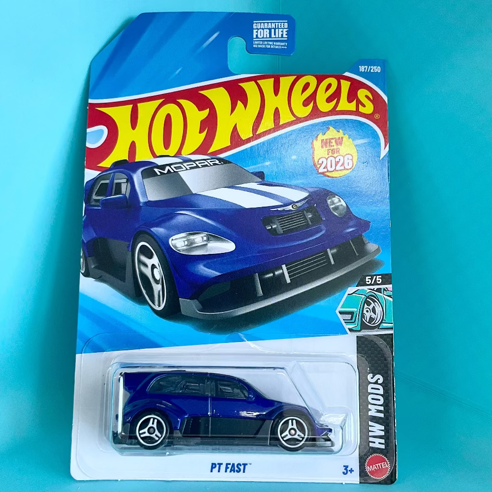 A Hot Wheels toy car in its original blister packaging, featuring a blue Porsche 911 MOD.1 with a white stripe.