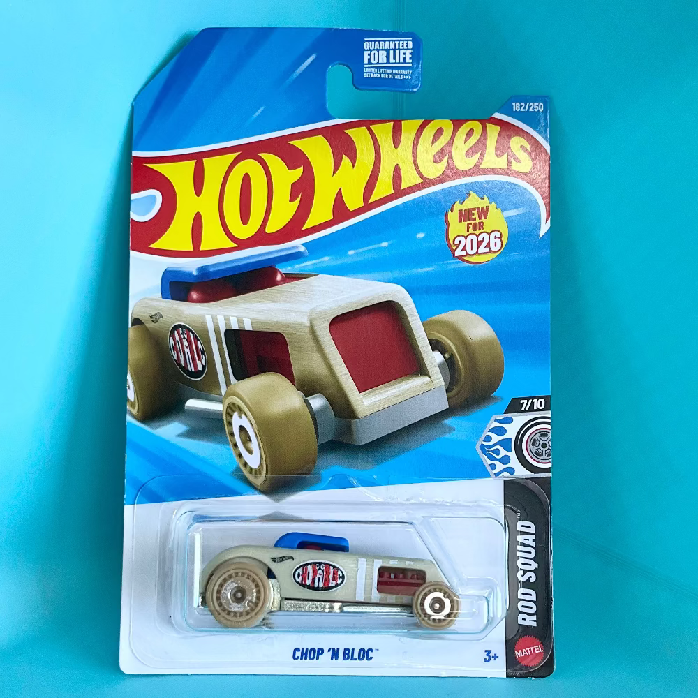 A Hot Wheels Rod Squad Chop 'N Block toy car in its original blister card packaging, set against a bright cyan background.