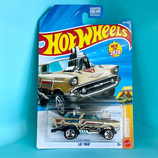 A Hot Wheels die-cast toy car in its original blister packaging, featuring the 'Lil' Mad' car model. The cardback shows the classic Hot Wheels logo and a graphic of the vehicle outside the clear plastic bubble.