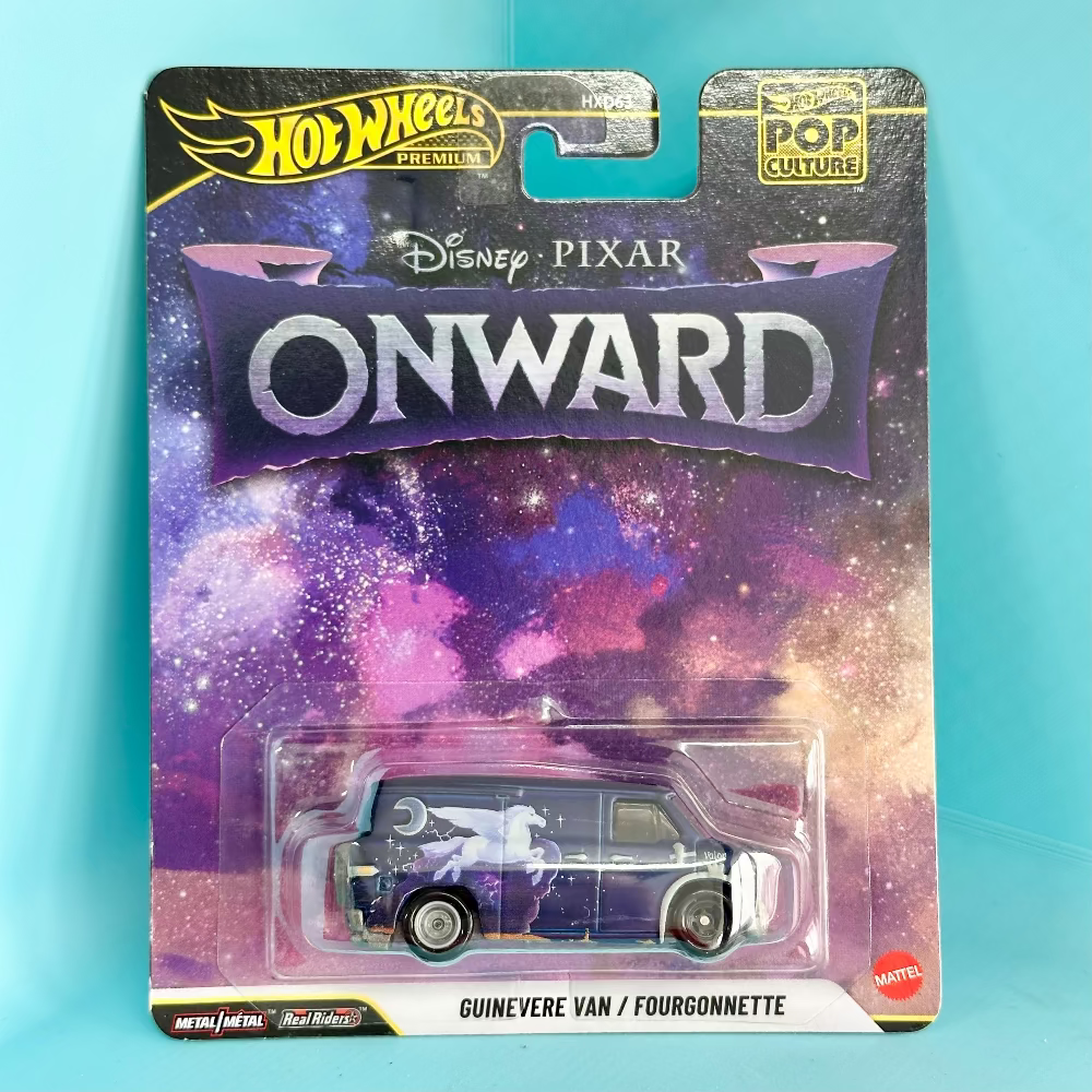 Hot Wheels Pop Culture Disney Pixar Onward Guinevere Van toy car in its original blister card packaging, featuring a purple and blue galaxy design with the movie's title.