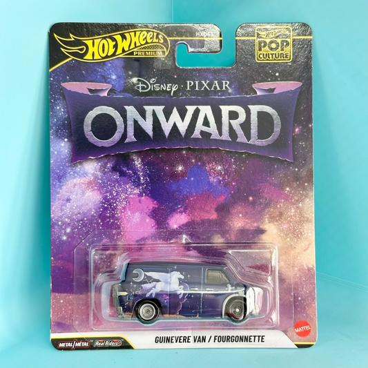 Hot Wheels Pop Culture Disney Pixar Onward Guinevere Van toy car in its original blister card packaging, featuring a purple and blue galaxy design with the movie's title.