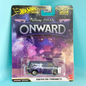 Hot Wheels Pop Culture Disney Pixar Onward Guinevere Van toy car in its original blister card packaging, featuring a purple and blue galaxy design with the movie's title.