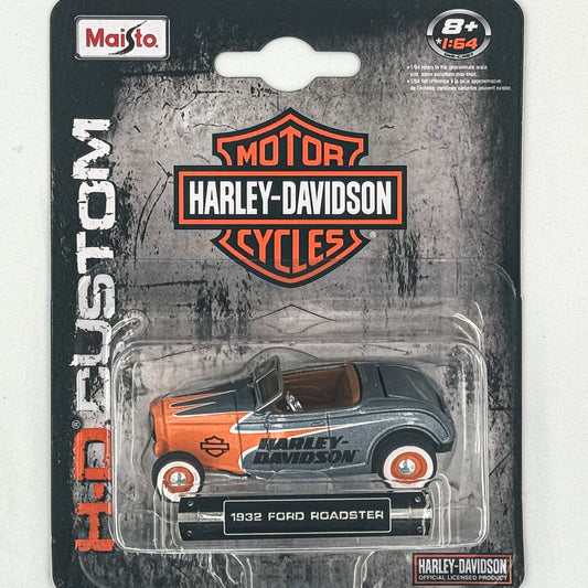 A 1:64 scale model of a Harley-Davidson Custom Cars 1932 Ford Roadster in packaging, predominantly gray with orange and black detailing.