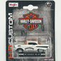A 1:64 scale model of a 1957 Chevrolet Bel Air by Maisto, packaged in a window display box with Harley-Davidson branding and a stylized backdrop.