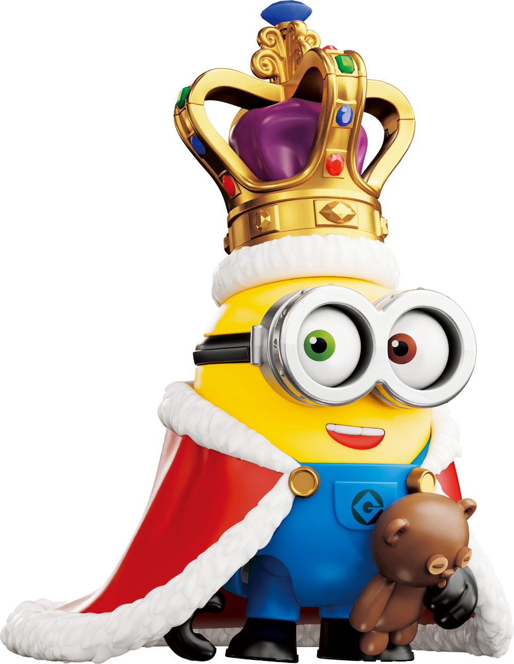 Minion figure with a crown, cape, and small animal toy on a white background