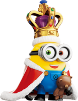 Minion figure with a crown, cape, and small animal toy on a white background