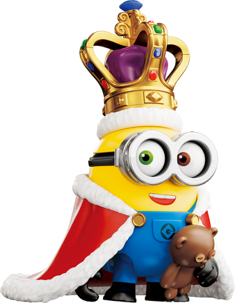Minion figure with a crown, cape, and small animal toy on a white background