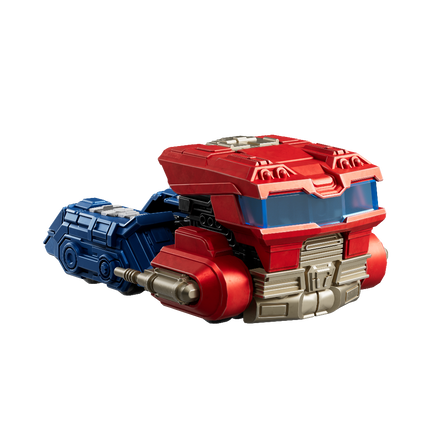 Red and blue toy vehicle on a white background