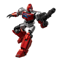 Red and gray robot toy figure on a white background