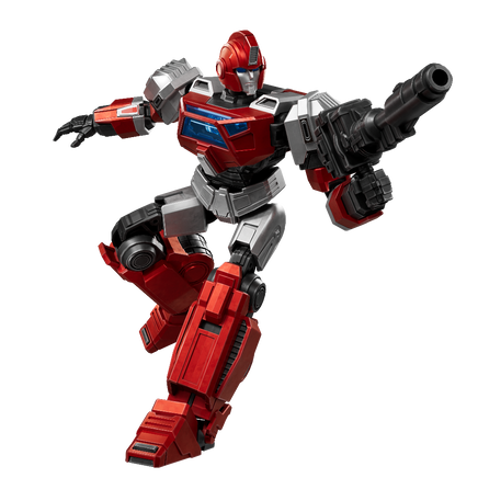 Red and gray robot toy figure on a white background