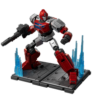 Toy robot figure on a platform with blue structures