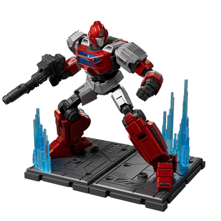 Toy robot figure on a platform with blue structures